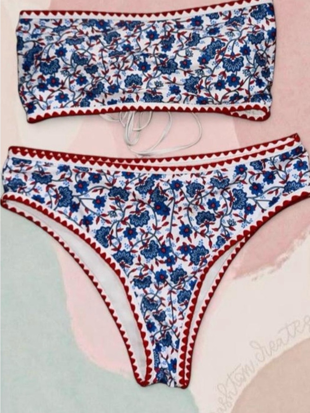 SHEIN Blue Floral Bandeau Bikini with Red Trim
